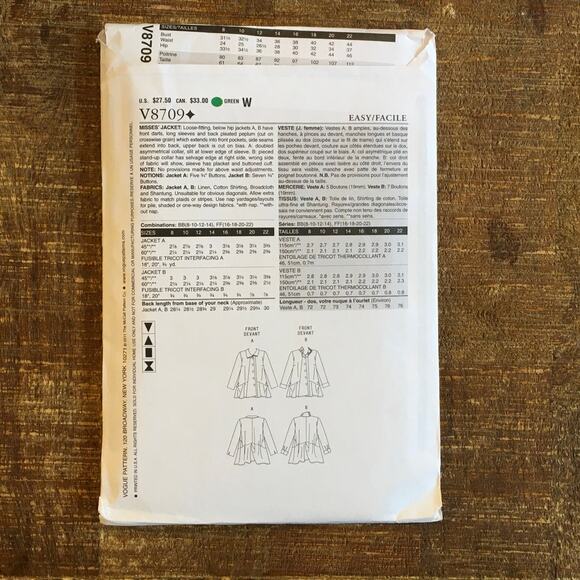 Vogue Sewing Pattern V8709 Women Pleated Collared Jacket Peplum Loose 8-14 UNCUT - Picture 2 of 3